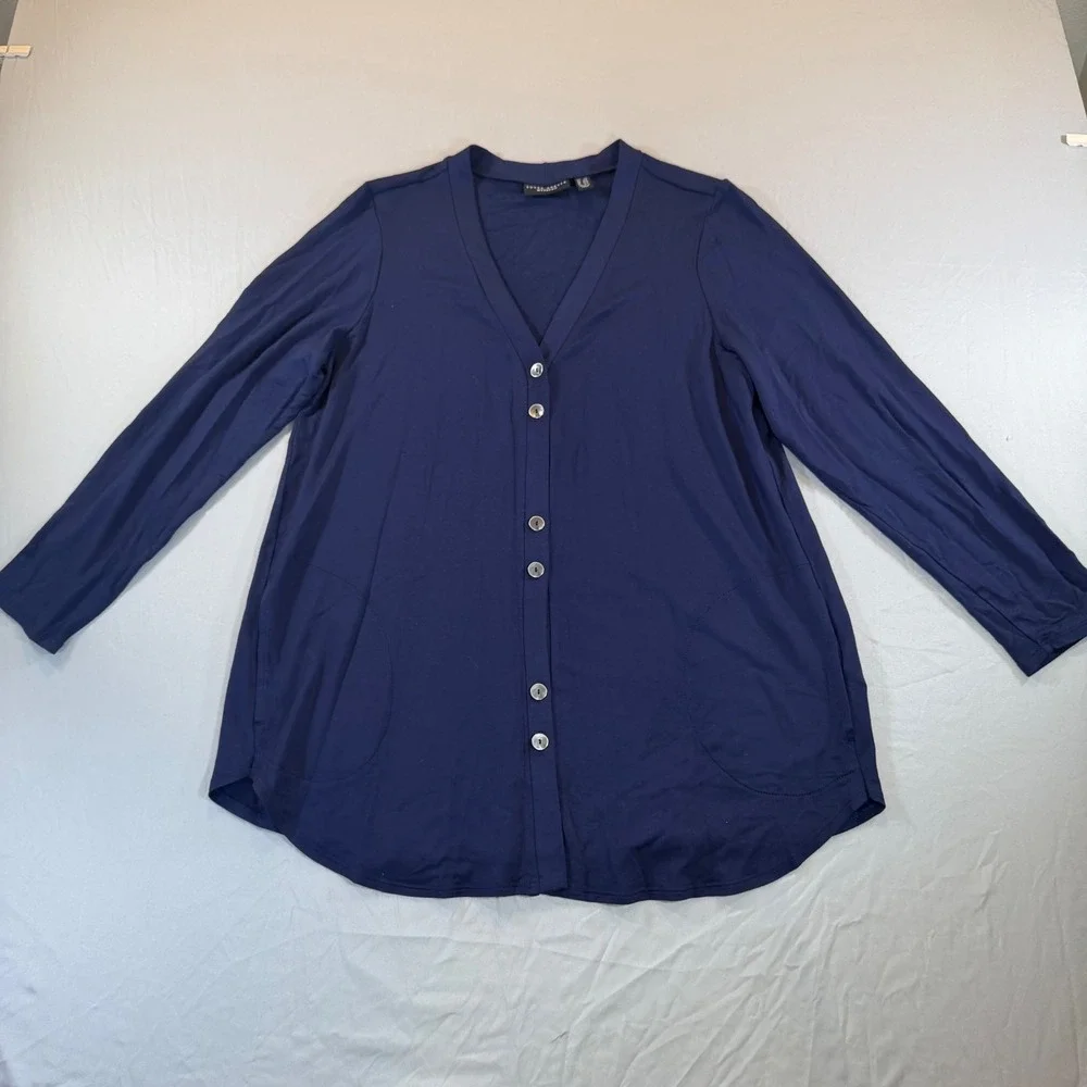 Susan Graver Weekend Navy Blue‎ V-Neck Button Front Cardigan Pockets LP A397774